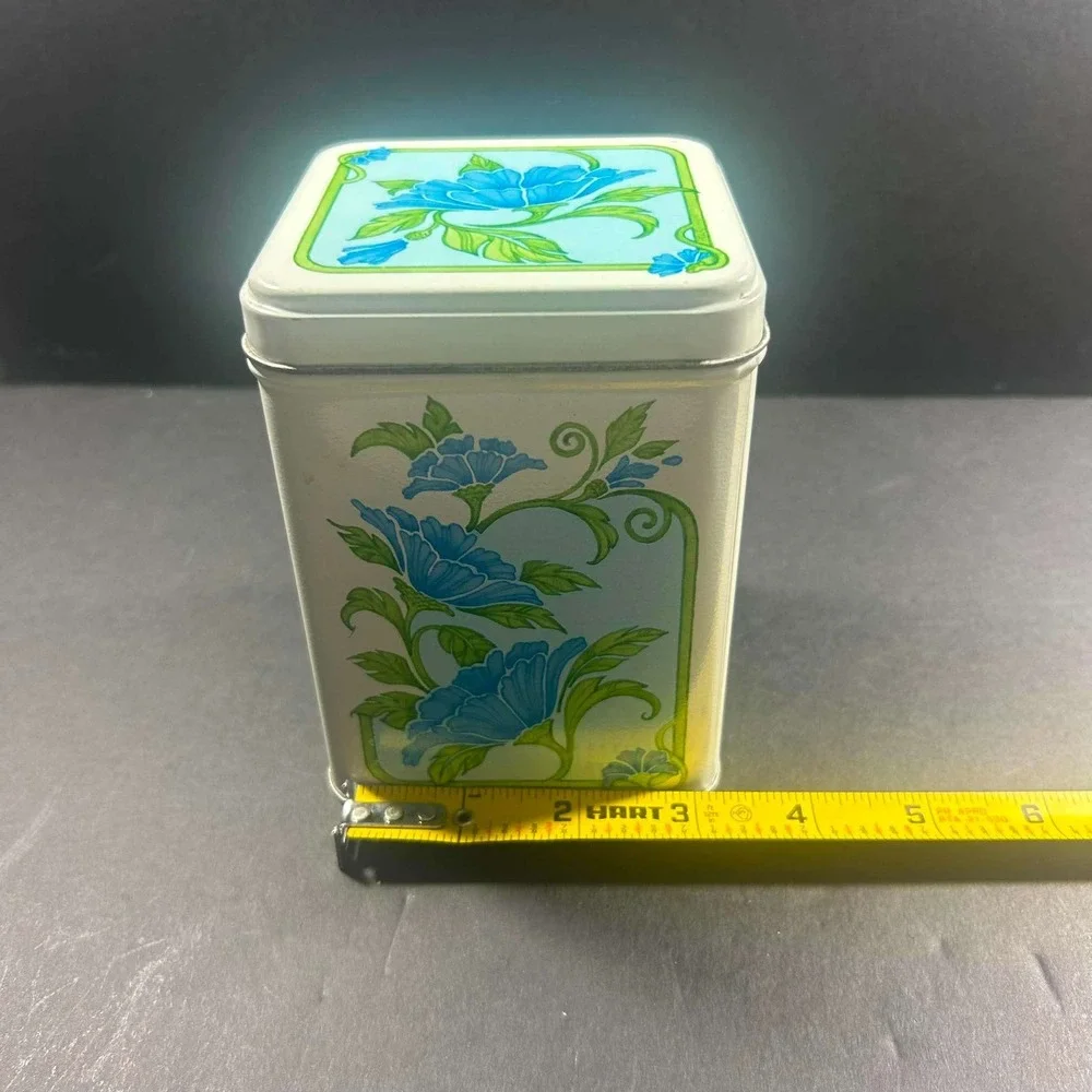 Floral Vintage Retro Tin White Blue Square Canister Small
